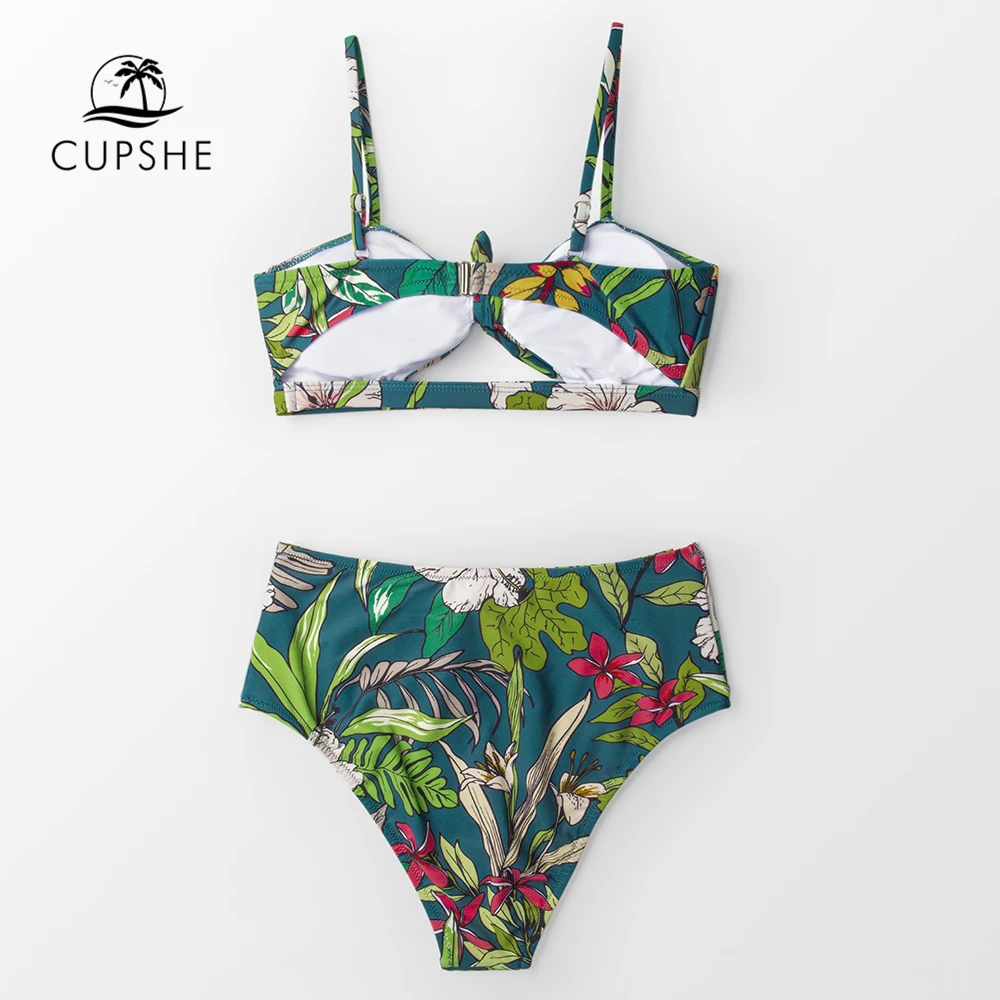 Online CUPSHE Tropical Floral Print Tie Front Bogen Bikini Sets Frauen Sexy Zwei Stück Badeanzüge 2020 Mädchen Strand Badeanzüge bademode