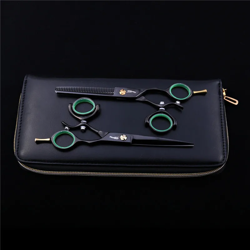 Corte de Cabelo Salão de Beleza Tesouras de Vôo Tesoura para Barbeiro Polegada Preto Desbaste 360 Graus Gire Giratório Tesoura Conjunto Cabeleireiro 6.0 - 6 High Quality Beleza e saúde