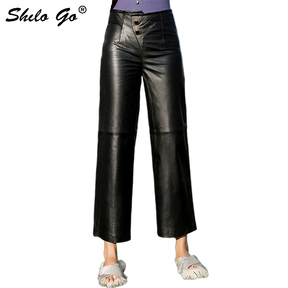 Streetwear Lederen Broek Vrouwen Casual Button Hoge Taille Schapenvacht Lederen Wijde Pijpen Broek Beknopte Losse Vrouwelijke Capri Streetwear Lederen Broek Vrouwen Casual Button Hoge Taille Schapenvacht Lederen Wijde Pijpen Broek Beknopte Losse Vrouwelijke Capri