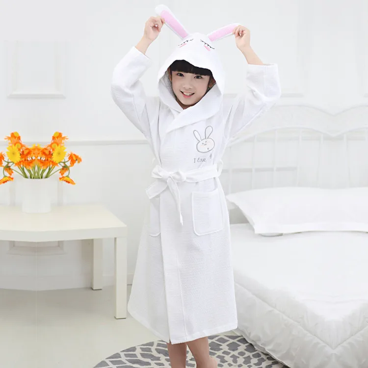 Boys Girls Bathrobe Waffle Robes Children's Bathrobes Kids Hooded White Blue Pink Sleepwear  Robes Lovely Rabbit Pajamas 07
