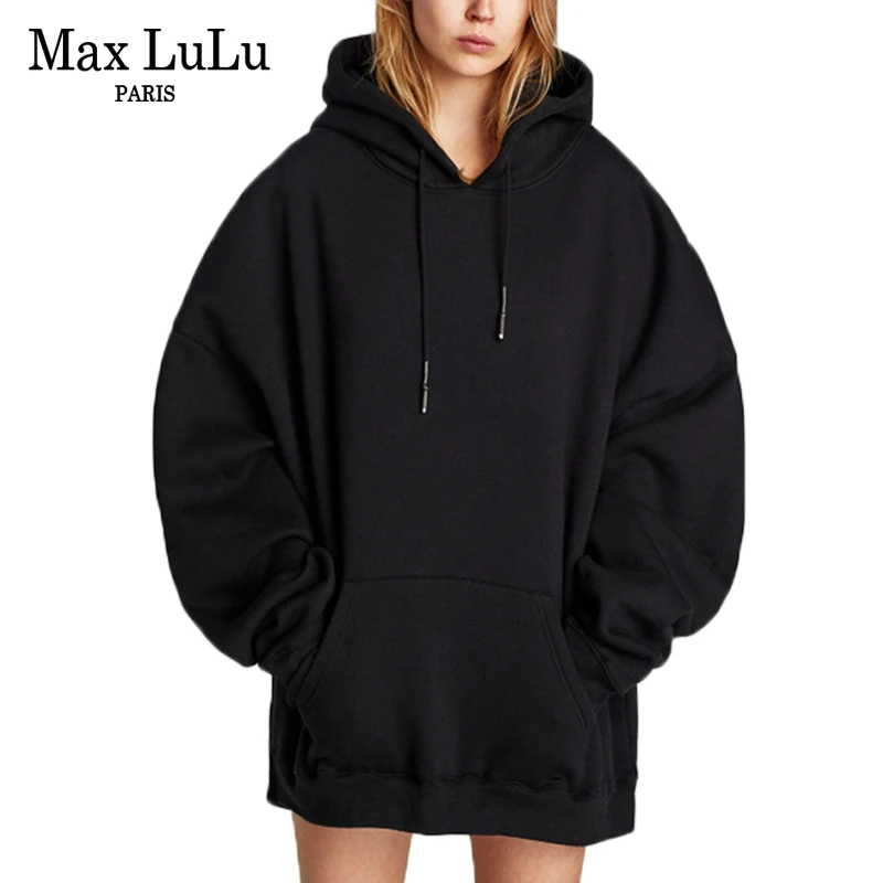 Max LuLu Европейский Стиль большой Размеры девушки уличная женские длинные толстовки с капюшоном пуловеры женские черные свитшоты зима