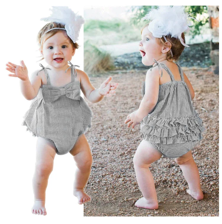 Summer Baby Girl One piece Suit Strip Bow Tie Romper Newborn Toddler