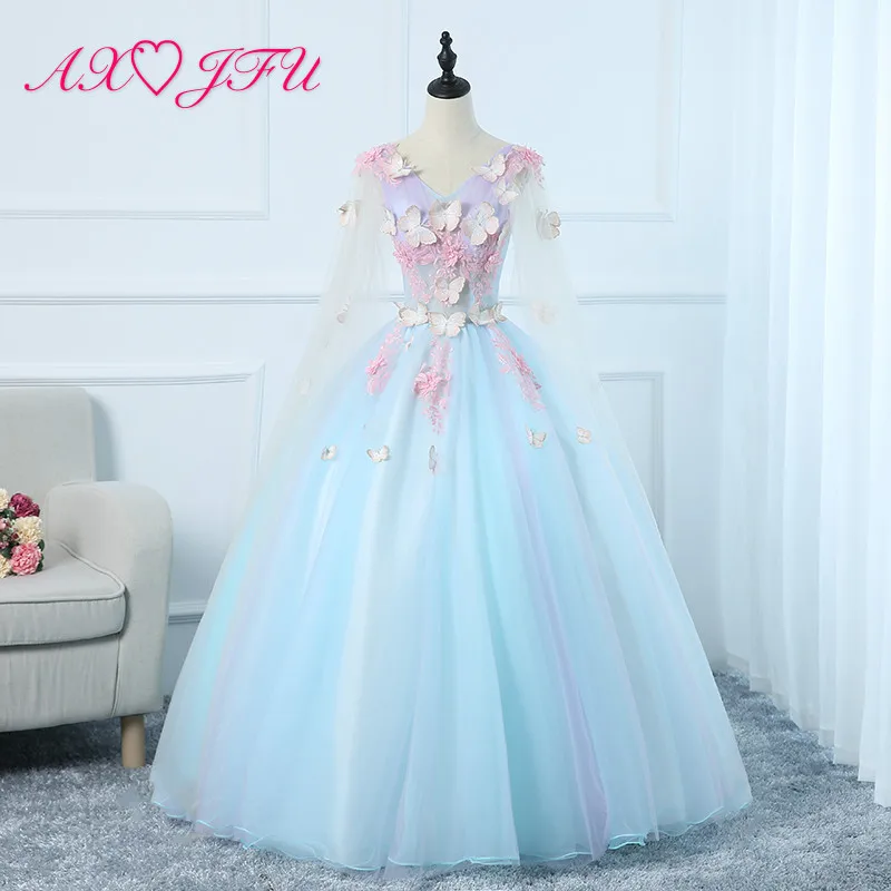 

AXJFU beading princess blue lace flower evening dress vintage luxury v neck ball gown illusion ruffles evening dress RR