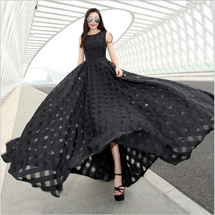 

2016 Summer European and American Fashion Women Casual Elegant Slim Fit Black/White Maxi Long Floor Length Organza Dress Vestido