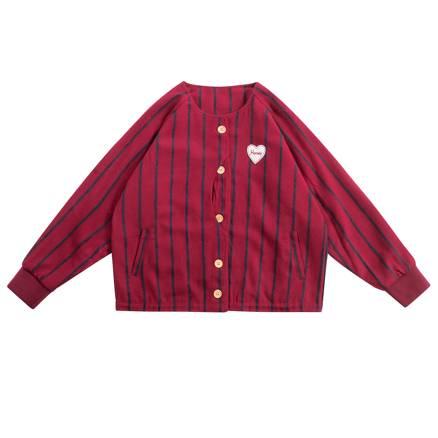 Дизайнерский осенне-зимний свободный женский шерстяной базовый жакет с круглым вырезом, красное Полосатое женское короткое пальто с вышивкой в виде сердца, верхняя одежда