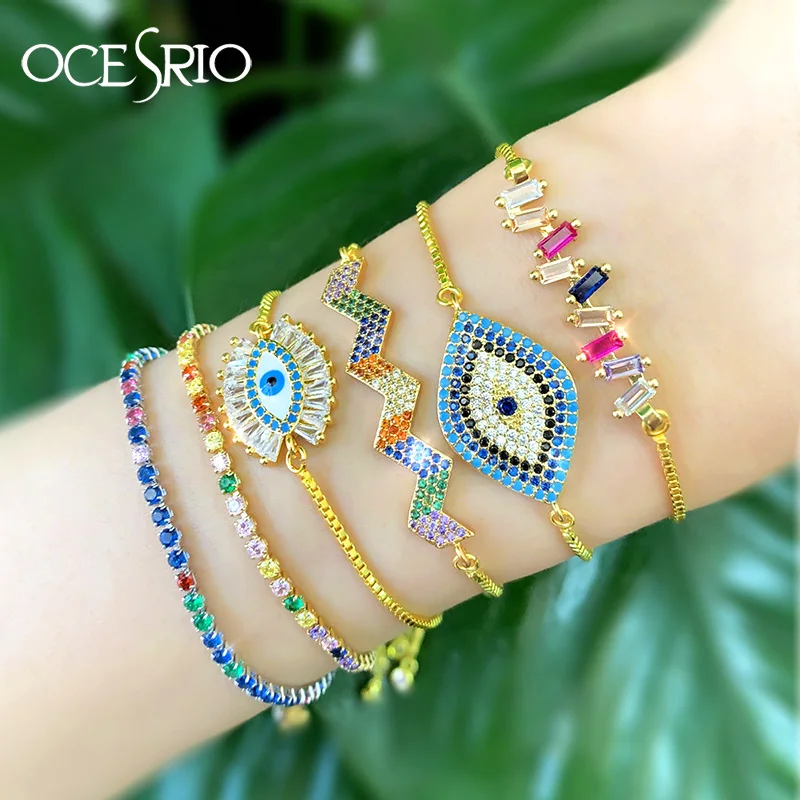 

OCESRIO 2019 Blue Evil Eye Tennis Bracelet Set For Women Rainbow Cubic Zircon Chain Bangles Fashion Jewelry Ladies Gifts
