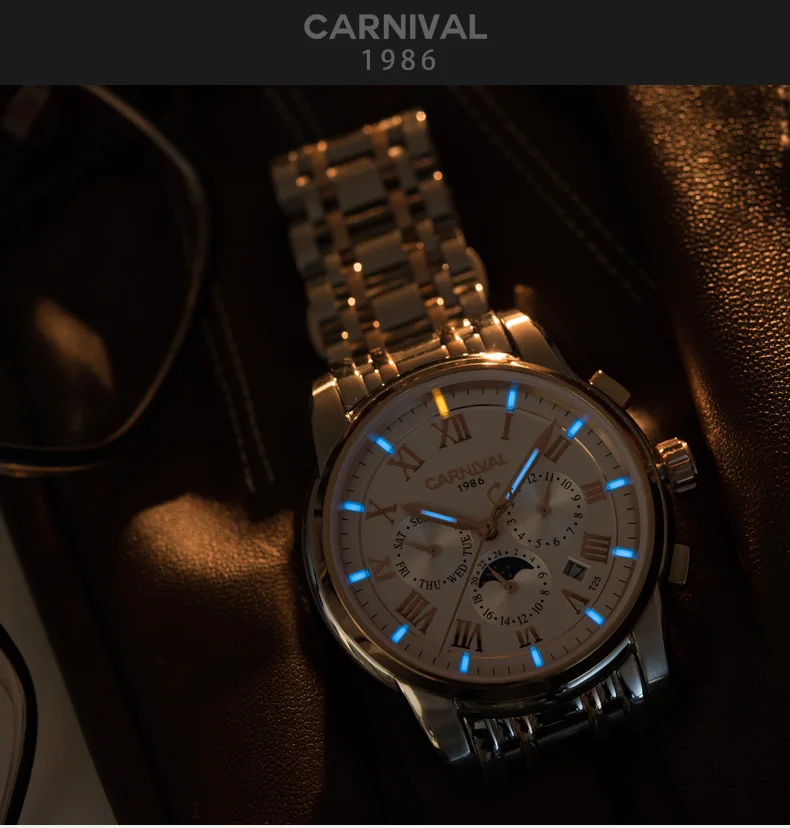 Карнавал Тритий автоматические часы для мужчин механические часы для мужчин s лучший бренд класса люкс Moon Phase наручные часы светящиеся часы reloj hombre