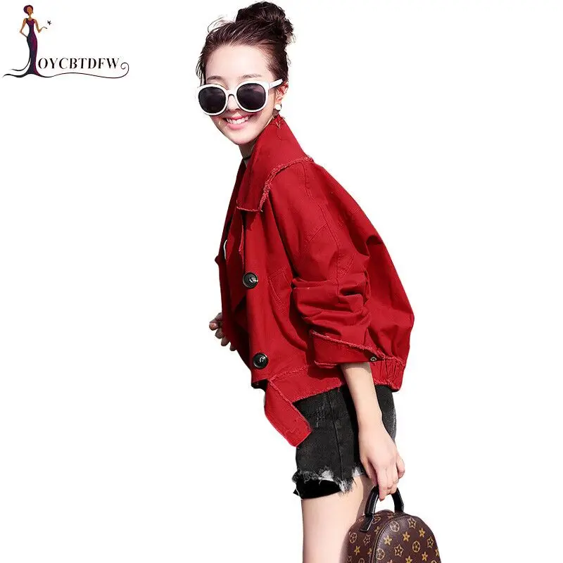 

Spring Cowgirl jacket 2019 New Autumn Red Loose Short Outerwear Casual Cowgirl Jacket Lapel Double Breasted Women Coats DD0900