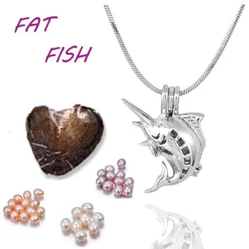 

Fat Fish cage pendant Plated sliver Set Fashion Hot Sale natural vacuum packed oyster Pearl sliver chain birthday gift PO79