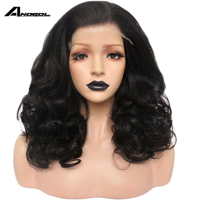 

Anogol Large Hand tied Long Deep Wave Black Synthetic Lace Front Wig Free Part For White Women cancer patient Silicone slip