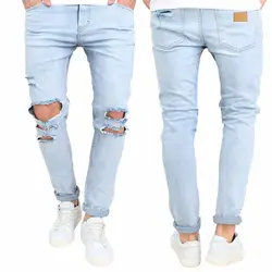 Для мужчин; синие джинсы Отверстия Локомотив плиссированные Мотобрюки Для мужчин эластичная рваные узкие Байкер Джинсы для женщин
