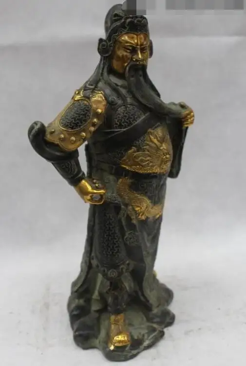 

S6432 15"Chinese Folk Bronze Gild Lucky excellent Stand Dragon Guan Gong Statue D0318