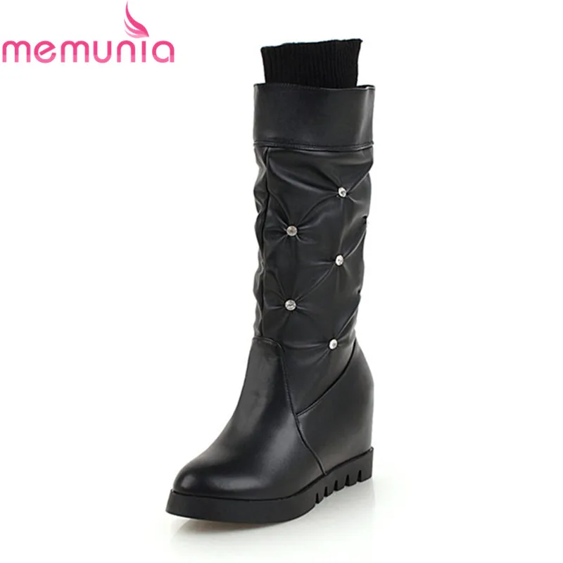 

MEMUNIA 2020 new arrival women brand boots white black slip on 7.5cm high heels boots round toe with rhinestone mid calf boots