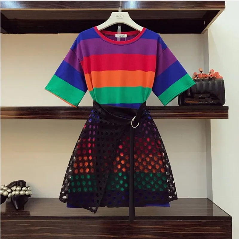 

M-4XL 2019 New Fashion Summer Women's Colorful Stripes Long T-shirt + Hollow Lace Skirt 2 Pieces Student Girls Casual Skirt Set