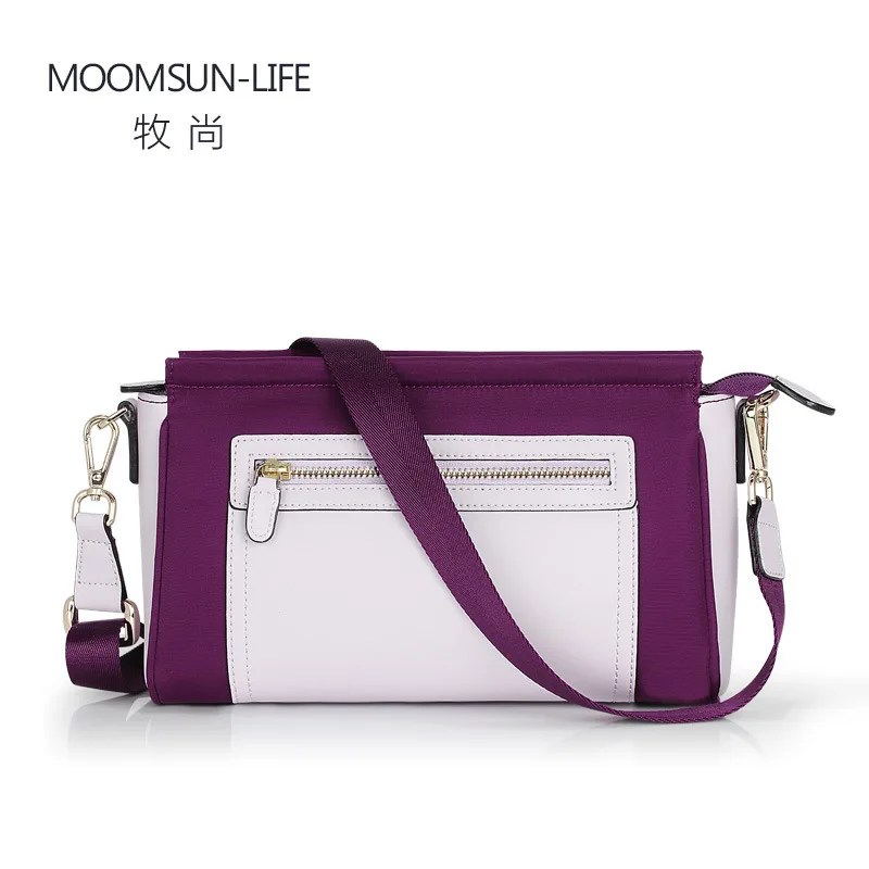 

New Pattern Woman Baotou Layer Cowhide Oblique Satchel Fashion Small Square Package Hit Color Nylon Cloth Burst