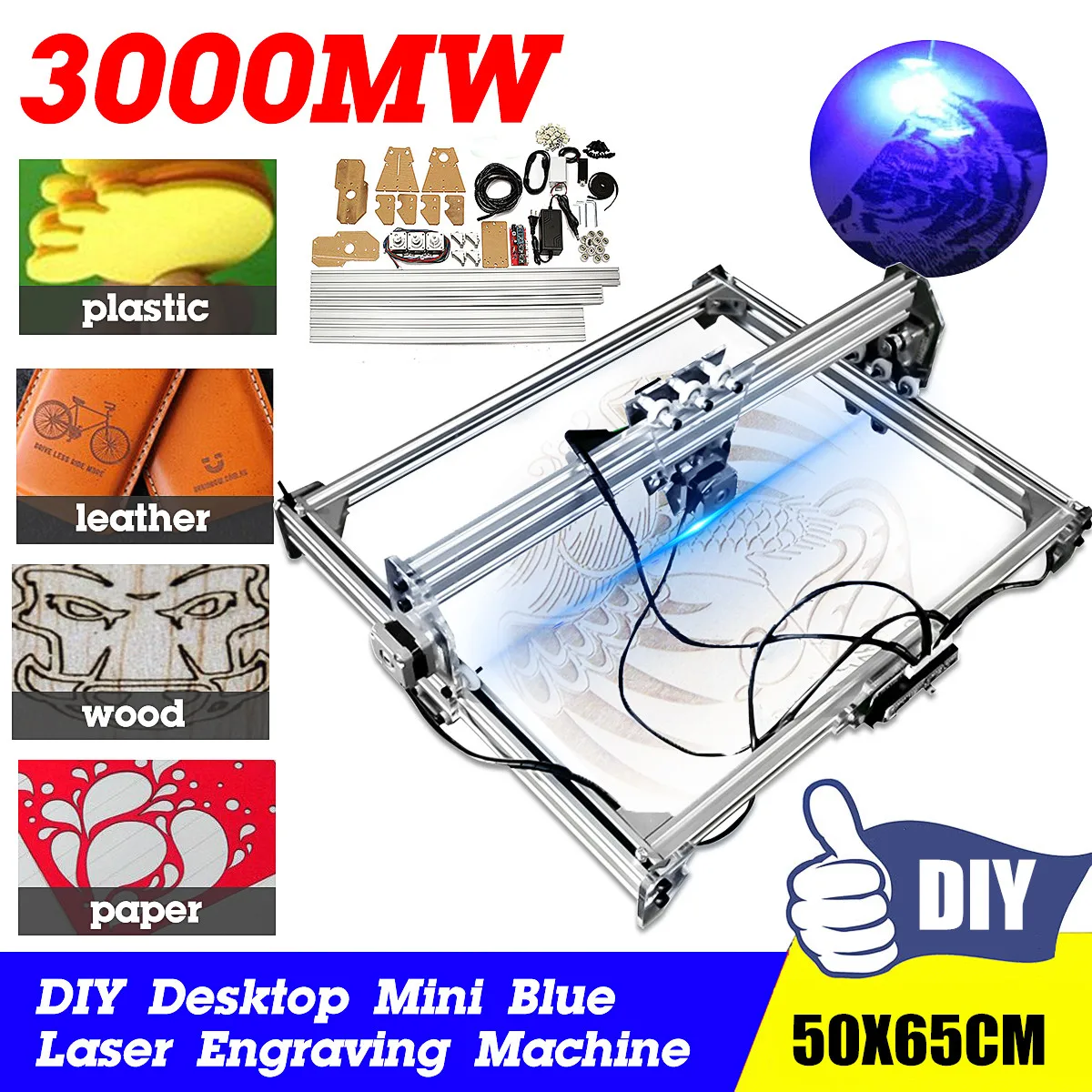 

50*65cm Mini 3000MW Blue CNC Laser Engraving Machine 2Axis DC 12V DIY Engraver Desktop Wood Router/Cutter/Printer+Laser Goggles