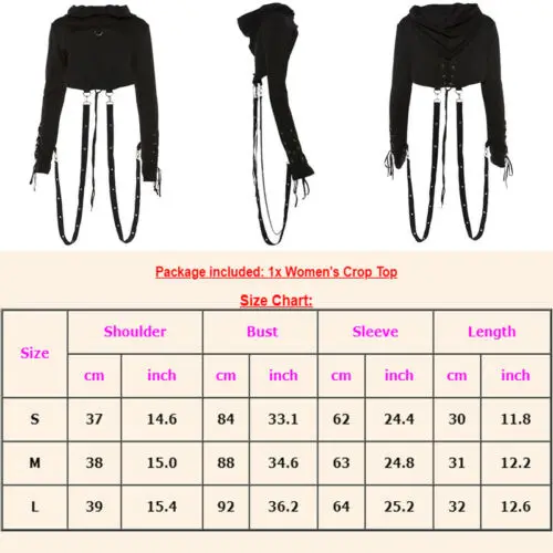  Women's Sexy Long Sleeve Lace Up Short Hoodie Black Crop Top Ladies Gothic Punk Casual Fashion Pill