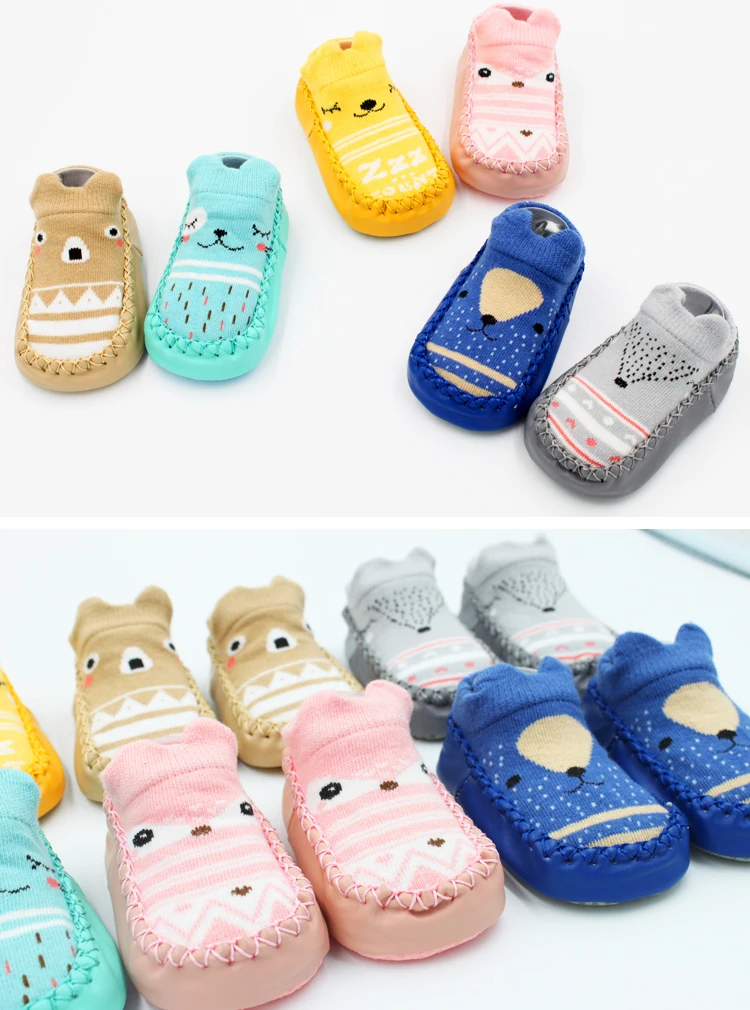 Детские пинетки, 1 пара мультяшный Противоскользящий носки-тапочки толстые теплые нескользящие носки на резиновой подошве, мягкие носки для новорожденных мальчиков и девочек