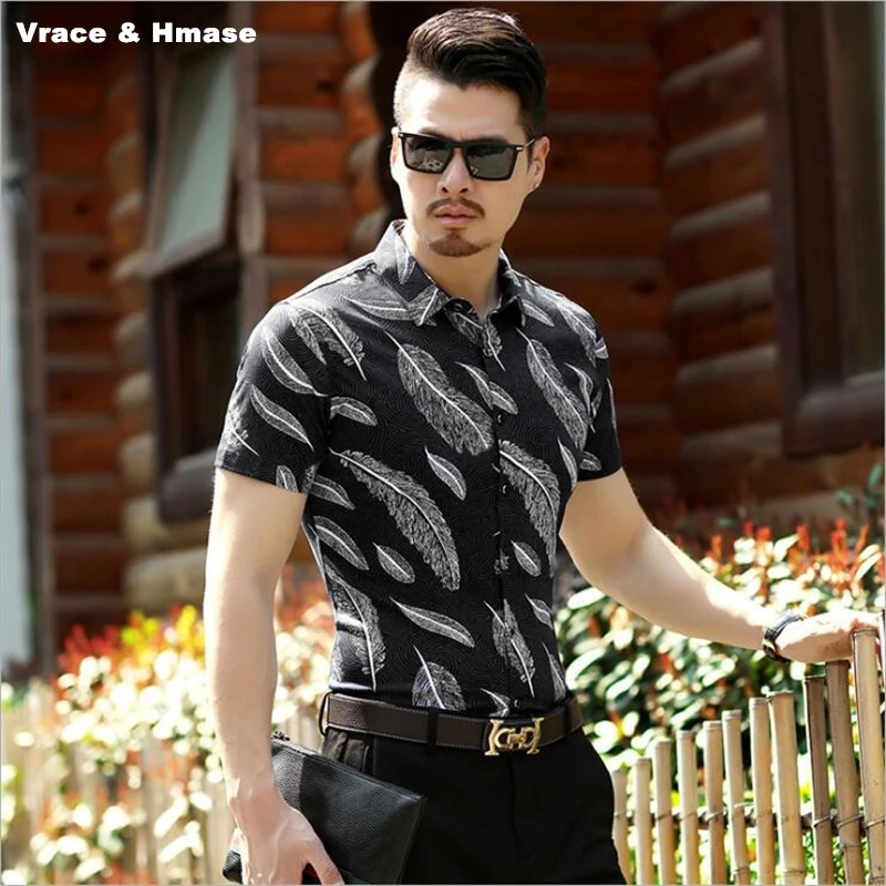 

NO.1811 3D feather printing fashion casual luxury short sleeve shirt Summer 2018 high-quality soft silk cotton shirt men M-XXXL
