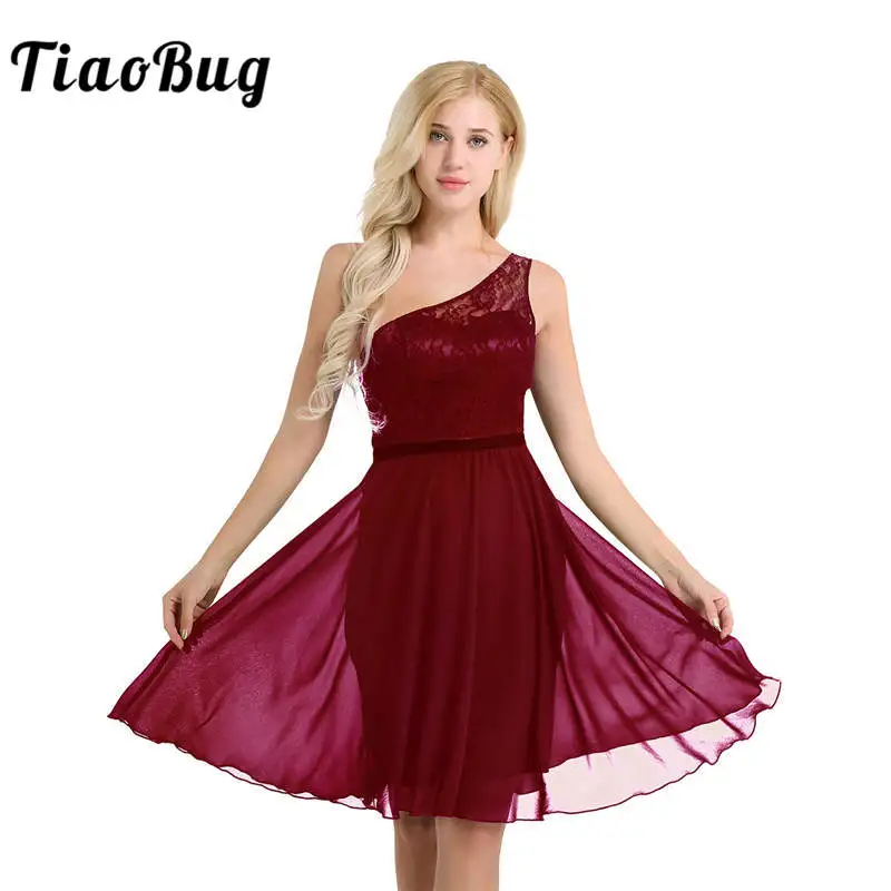 

TiaoBug Elegant Women Ladies One Shoulder Embroidered Lace Layer Chiffon Women Wedding Party Formal Evening Prom Flowy Dress