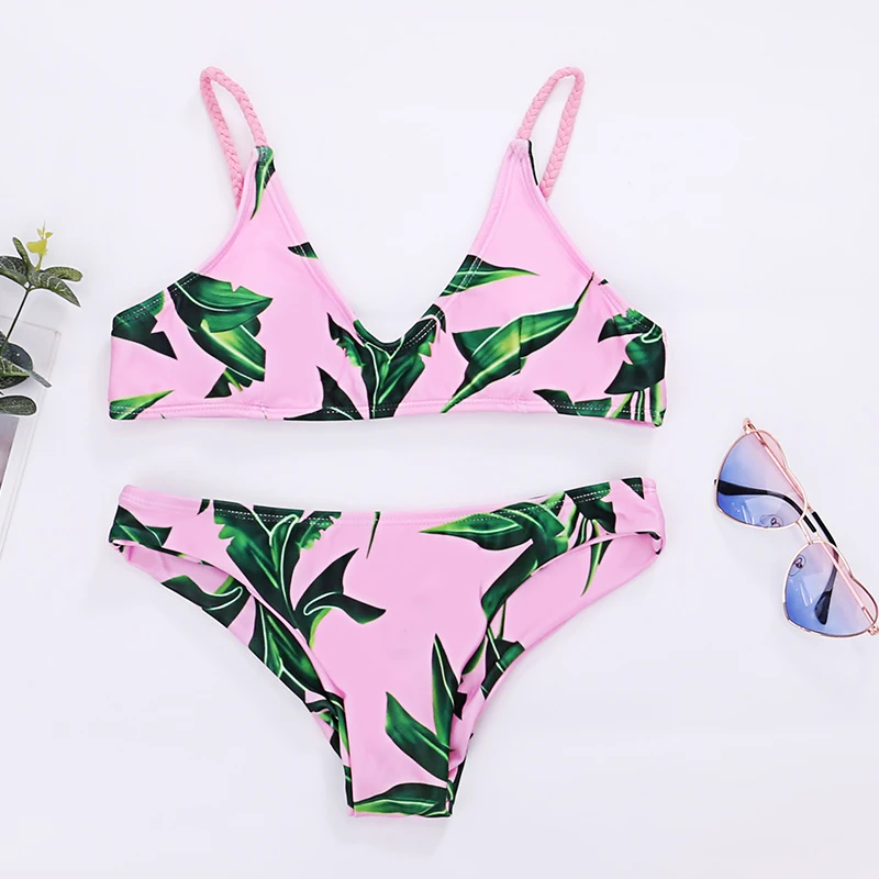 

Bikini 2019 New Swimwear Women Swimsuit Leaf Print Braided Straps Pad Green Sexy V-Neck Triangle Biuqni Bikini Set