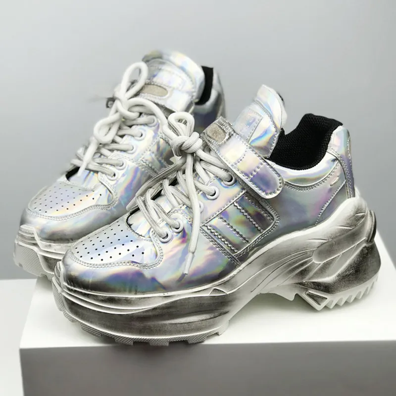 

Women make old laser sneakers Femme 2019 Spring Autumn Women chunky Sneakers platform Fashion Lace-Up sliver Breathable shoes