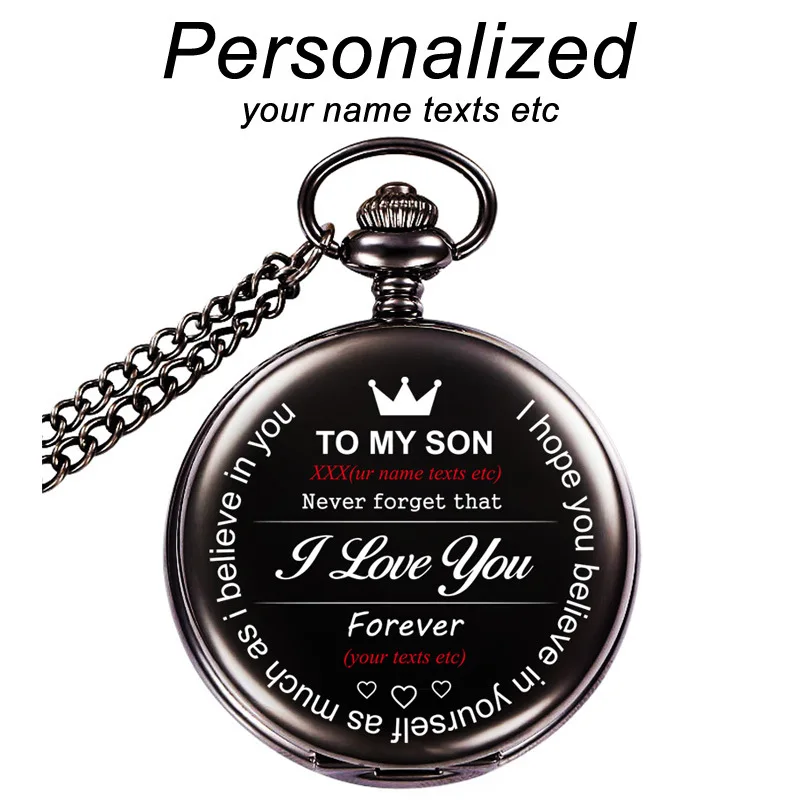 To my son Personalized Custom Engraved Pocket Fob Watches Free lettering Retro Black Smooth Pocket Watch Costomized LOGO Gift To my son Personalized Custom Engraved Pocket Fob Watches Free lettering Retro Black Smooth Pocket Watch Costomized LOGO Gift