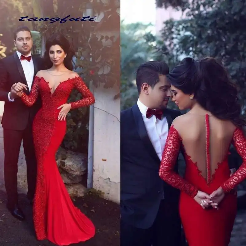 Sexy Arabic Red Mermaid Evening Dresses Long Sleeves Lace Appliqued Party Prom Gown Covered Button Back Formal Evening Dress