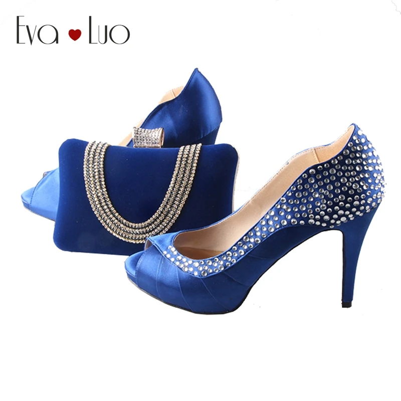 BS005/комплект из туфель и сумочки Королевского синего цвета со стразами под заказ; атласные женские модельные туфли-лодочки; свадебные туфли; большие размеры