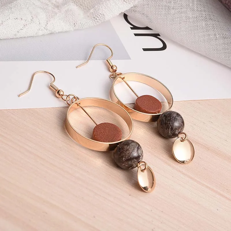 Модные золотые серьги клипсы большие круглые бусины Howllo из натурального камня с