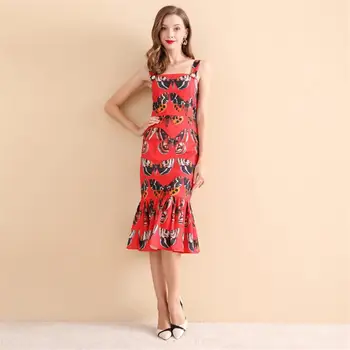 

Women Dresses 2018 High Quality Summer Runway Butterfly Printed Slim Strap Mermaid Lady Dress NPD0859