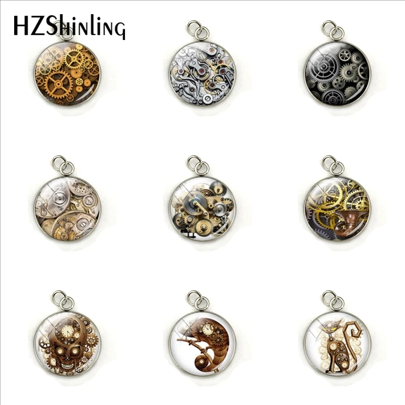 

Vintage Steampunk Gearwheels Patterns Fashion Charms Glass Cabochon Hand Craft Stainless Steel Pendants Jewelry Accessories