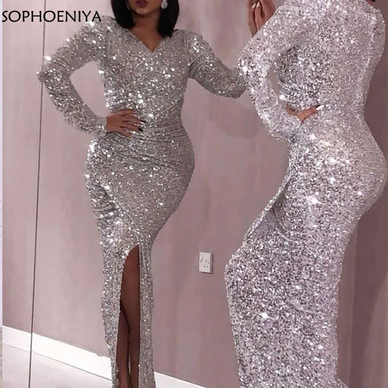New Arrival V Neck Long sleeve evening dresses 2021 Silver Sequined Lace Muslim dress Robe de soiree musulman | Свадьбы и торжества
