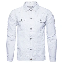 New Fashion Men's Solid Jean Jacket Washed Denim Slim Fit Hole Thick Coat Top Overcoat Autumn Army Green White Black Jacket