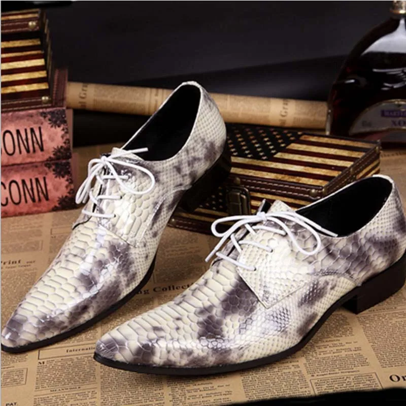 fashion crocodile printed white genuine leather men pointed toe dress shoes lace-up mens leather shoes party wedding formal shoe