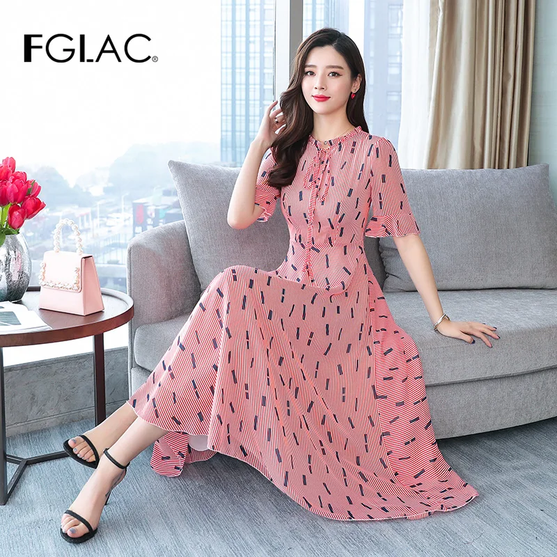 

FGLAC Women Dress New Arrivals 2019 Fashion Short sleeve Summer dresses Elegant Slim Striped chiffon dress Vestidos