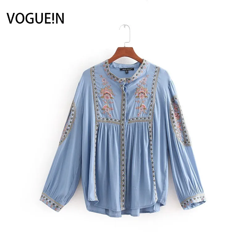 

VOGUEIN New Womens Retro Floral Embroidery Long Sleeve Blue Shirt Blouse Top Wholesale