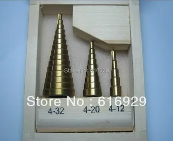 

3pcs/set Spiral groove HSS Step Drill Bit Set Wood drill Titanium Coated Hole Cut Tool Set Drill tools WITH BOX