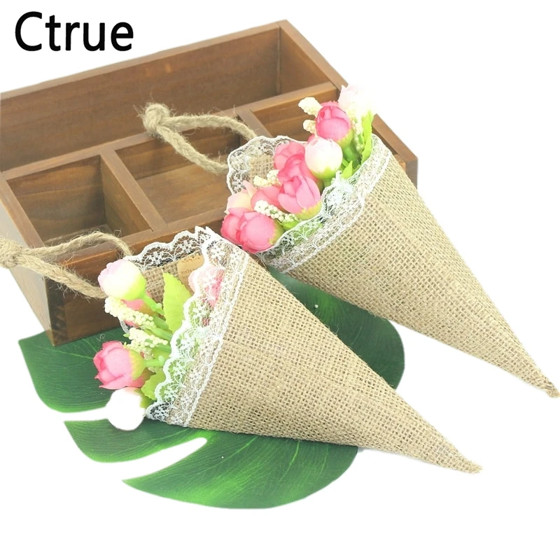 

4pcs burlap jute Hessian Pew Cone Flower Holder Organizer Christmas Birthday Baby Shower Rustic Country Wedding Decoration