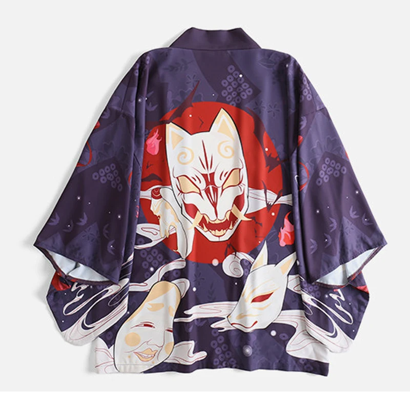 Japanese Harajuku Style Women Blouse Fox Shirts Japanese Kimono Print Chiffon Cardigan Tunic Shirt Chiffon Sun Protection Blouse