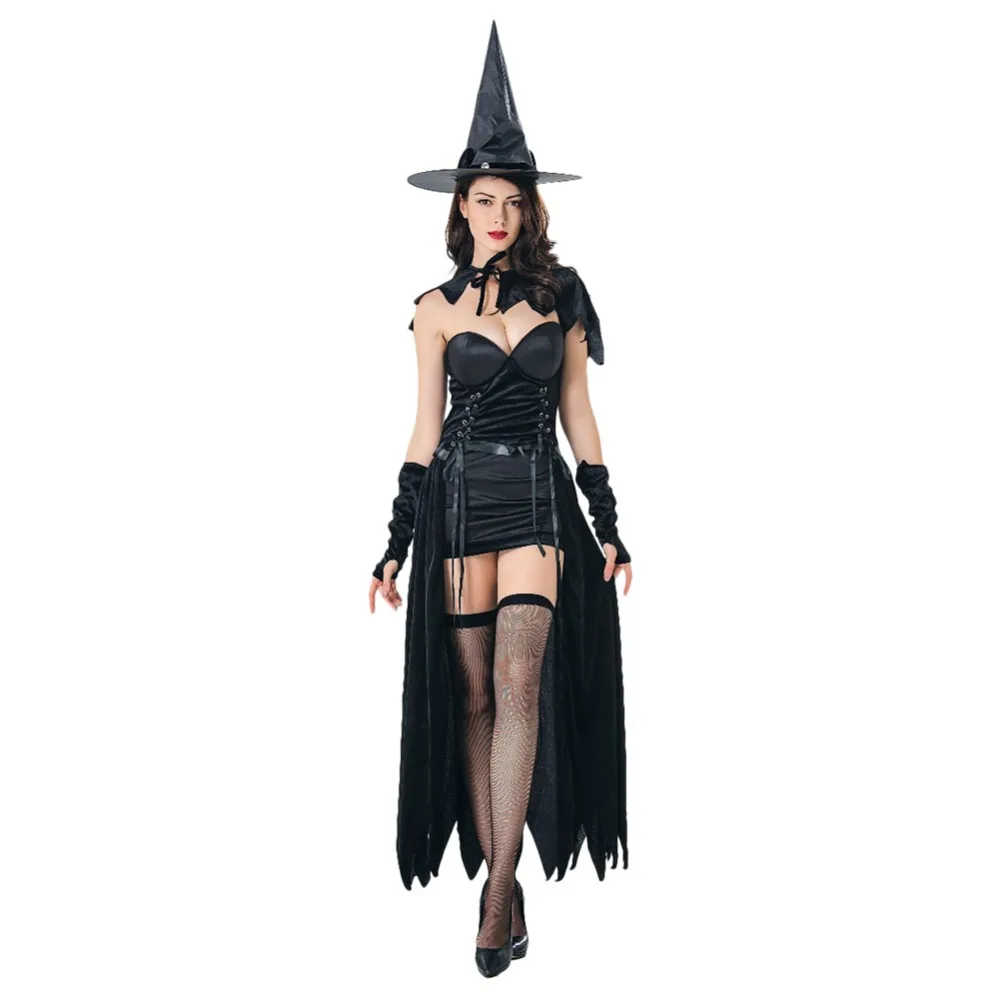 Дьявольская ведьма шапка-скафандр шаль Перчатки взрослые сексуальные костюмы на Хэллоуин готические ведьмы Костюмы Карнавал черный дьявол нарядное платье