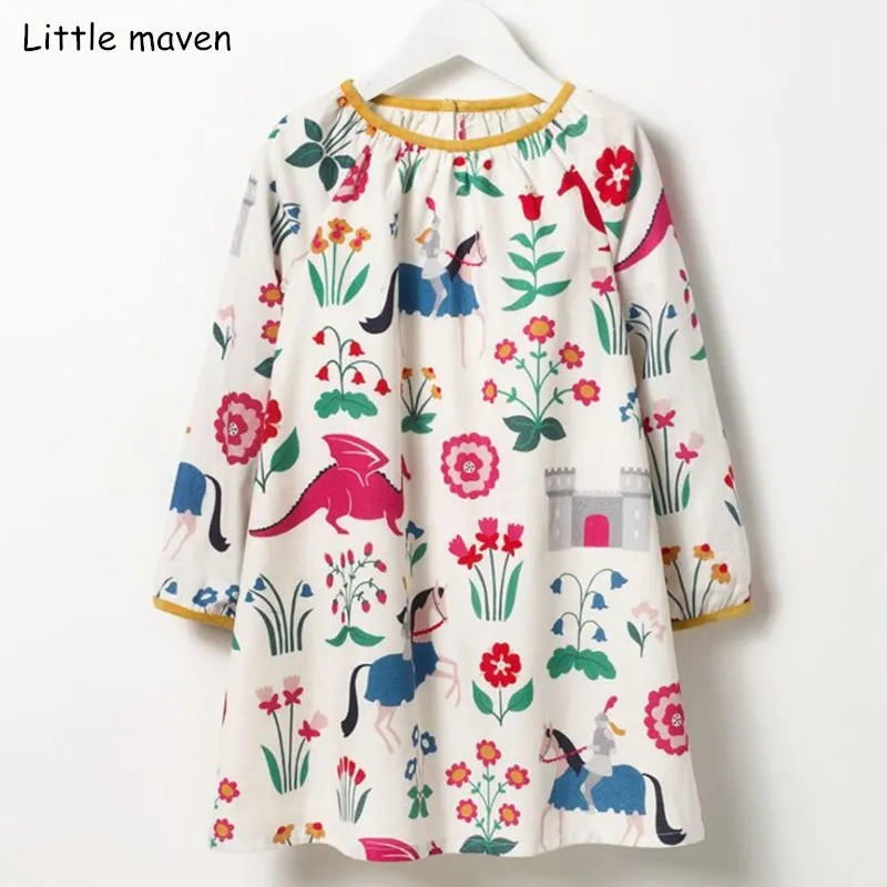 Little maven/брендовая одежда для детей; коллекция года; осеннее детское платье; новая одежда для маленьких девочек; хлопковые платья с принтом динозавра для девочек; S0383