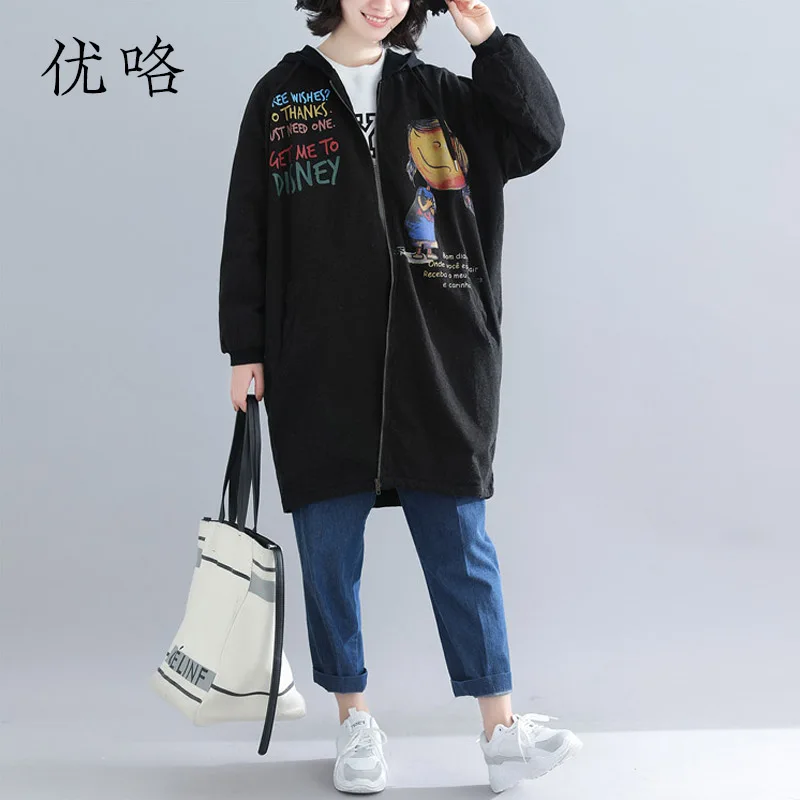 

2019 Autumn Winter Fashion Plus Size Kawaii Cartoon Printed Long Coat Women Korean Warm Thick Velvet Black Jackets 4XL 5XL 6XL