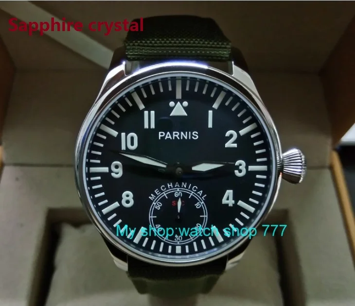 

Sapphire crystal Blue luminous 44mm parnis Black dial 6498 / ST3621 Mechanical Hand Wind movement men's watches 0154A