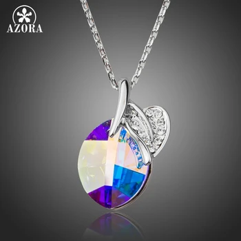 

AZORA Luxury Silver Color Necklace Purple Crystals Fruit Pendant Necklace Leaf Drop Shaped Women Fashion Wedding Gift TN0214