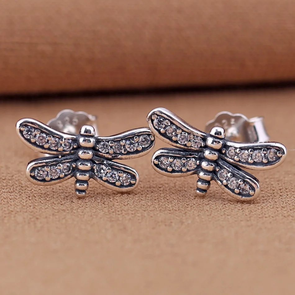 

Authentic 925 Sterling Silver Earring Petite Dragonfly With Crystal Studs Earrings For Women Wedding Party Gift DIY Jewelry