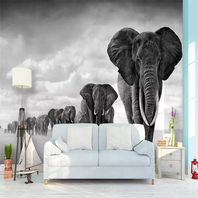 

Retro black and white atmosphere simple walking elephant professional production wallpaper mural custom poster photo wall