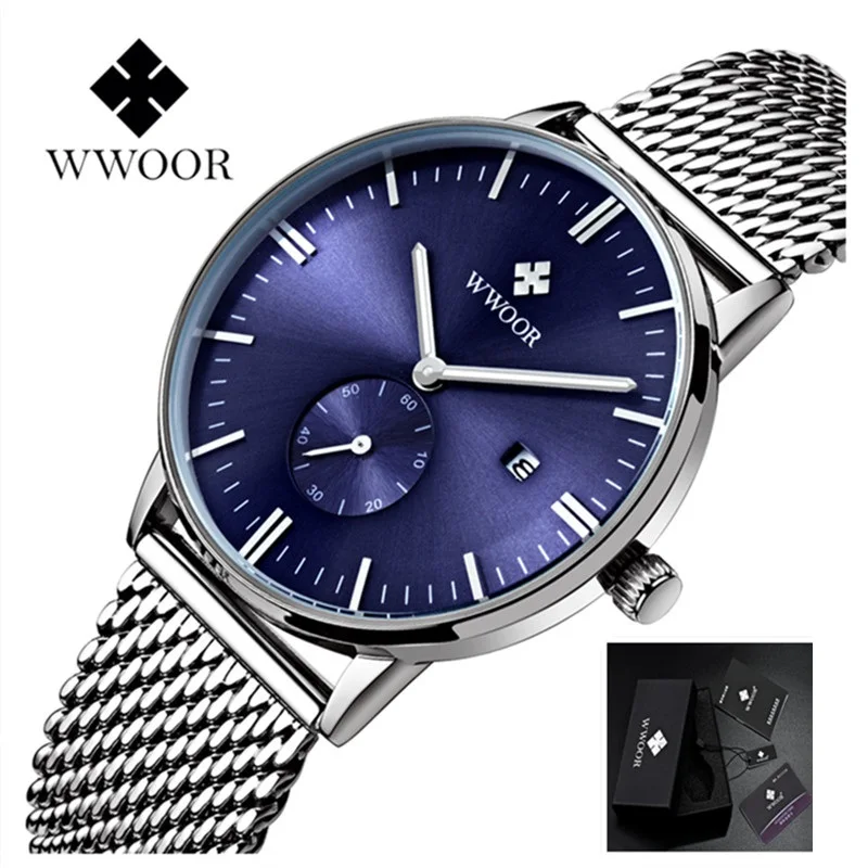 

Men's Watches Luxury Brand WWOOR Men Watch Fashion Sports Quartz Watches Stainless Steel Mesh Strap Ultra Thin Dial Date Clock