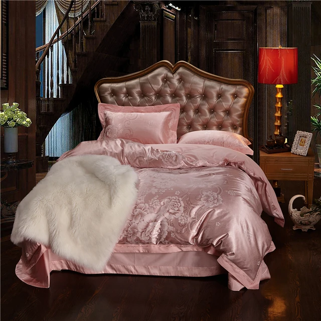 Pale Mauve Floral Bedding Set Queen King Size Silk Cotton Jacquard