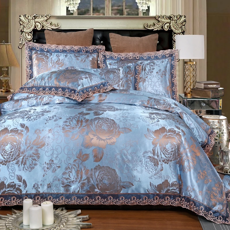 4pcs Queen King size Luxury Blue Royal Jacquard Bedding sets Flat Bed